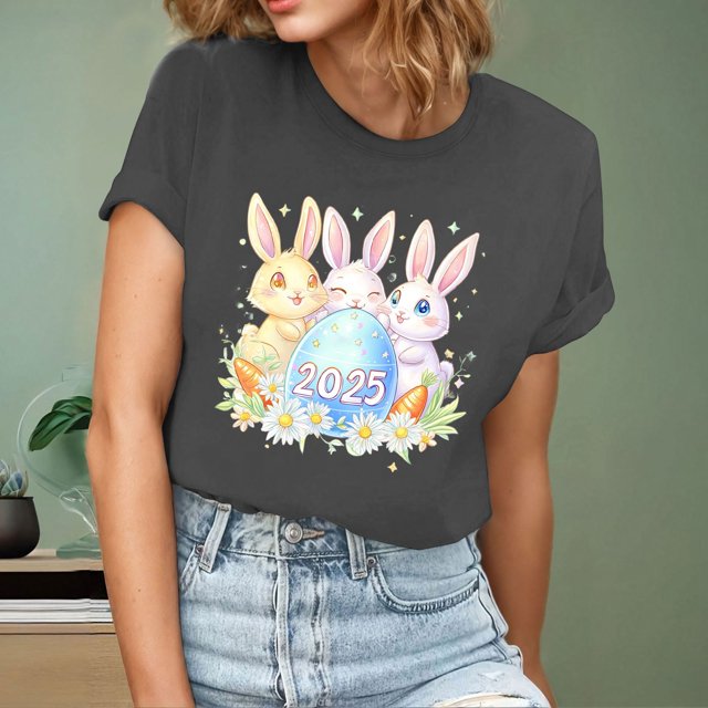 Ounisa T-Shirts à Manches Courtes pour Femmes Col Rond Imprimé Easter Bunny Tissu Doux Coupe Ample Printemps Été 2026 Mode Décontractée Quotidienne Confortable Tendance Basique Hauts P-2TG