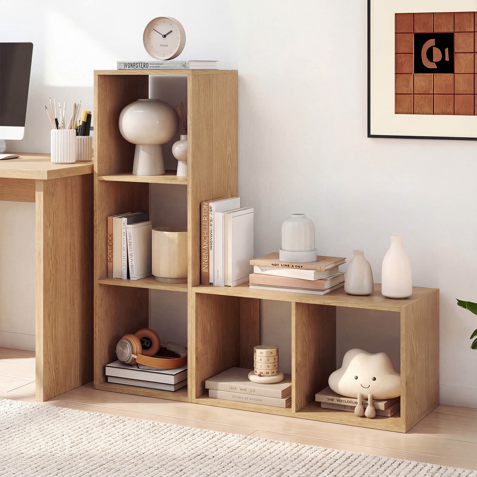Costway 3-Cube Bookshelf, Modern Vertical Bookcase with Back Guardrail & Anti-tipping Kits Natural