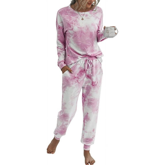 Women's Tie Dye Two Piece Pajamas Set Casual Long Sleeve Sweatshirt with Long Pants Loungewear