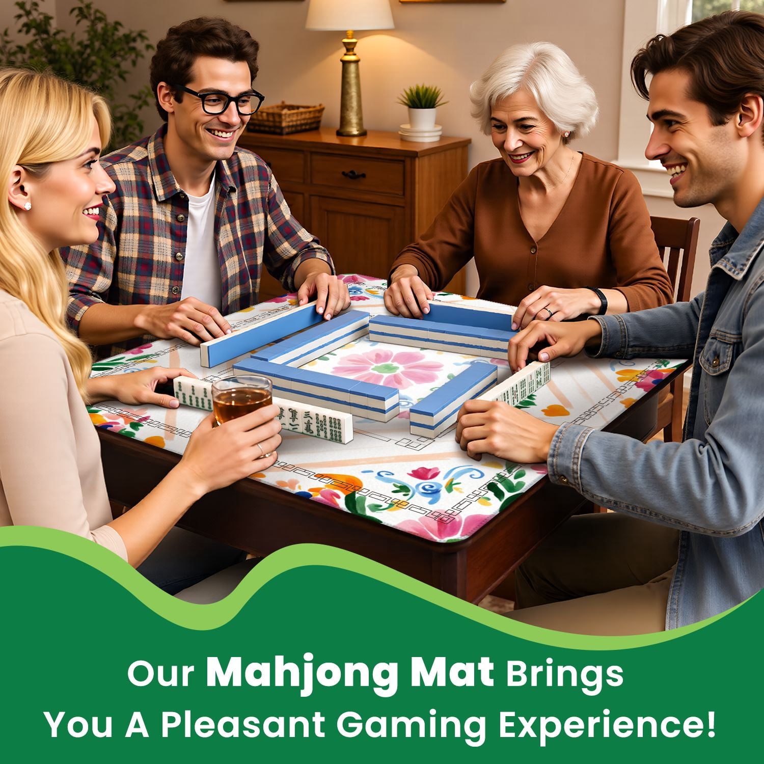Mahjong Mat 31.5" x 31.5" Colorful Hand Painted Floral Pink Orange Blue Flowers Non-Slip Noise Reduction American Mahjong Tiles Table Cover for Dominoes Poker Card Board Games Gift