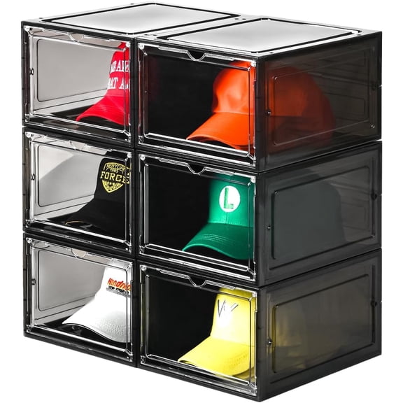 Hat Organizer Box,Stackable Clear Baseball Caps Holder Box Containers with Magnetic Door for Hats Snapback Cap Storage,Clear Hat Storage with Magnetic Door, Holds 60 Hats(black clear, 6 pack)