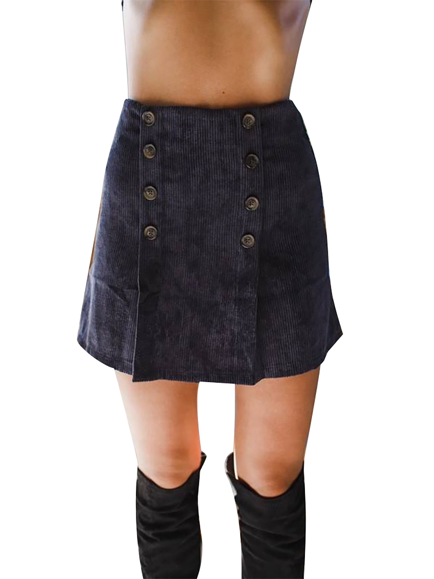 SpringTTC Women High Waist Double Breasted Corduroy Skirt Casual Pencil