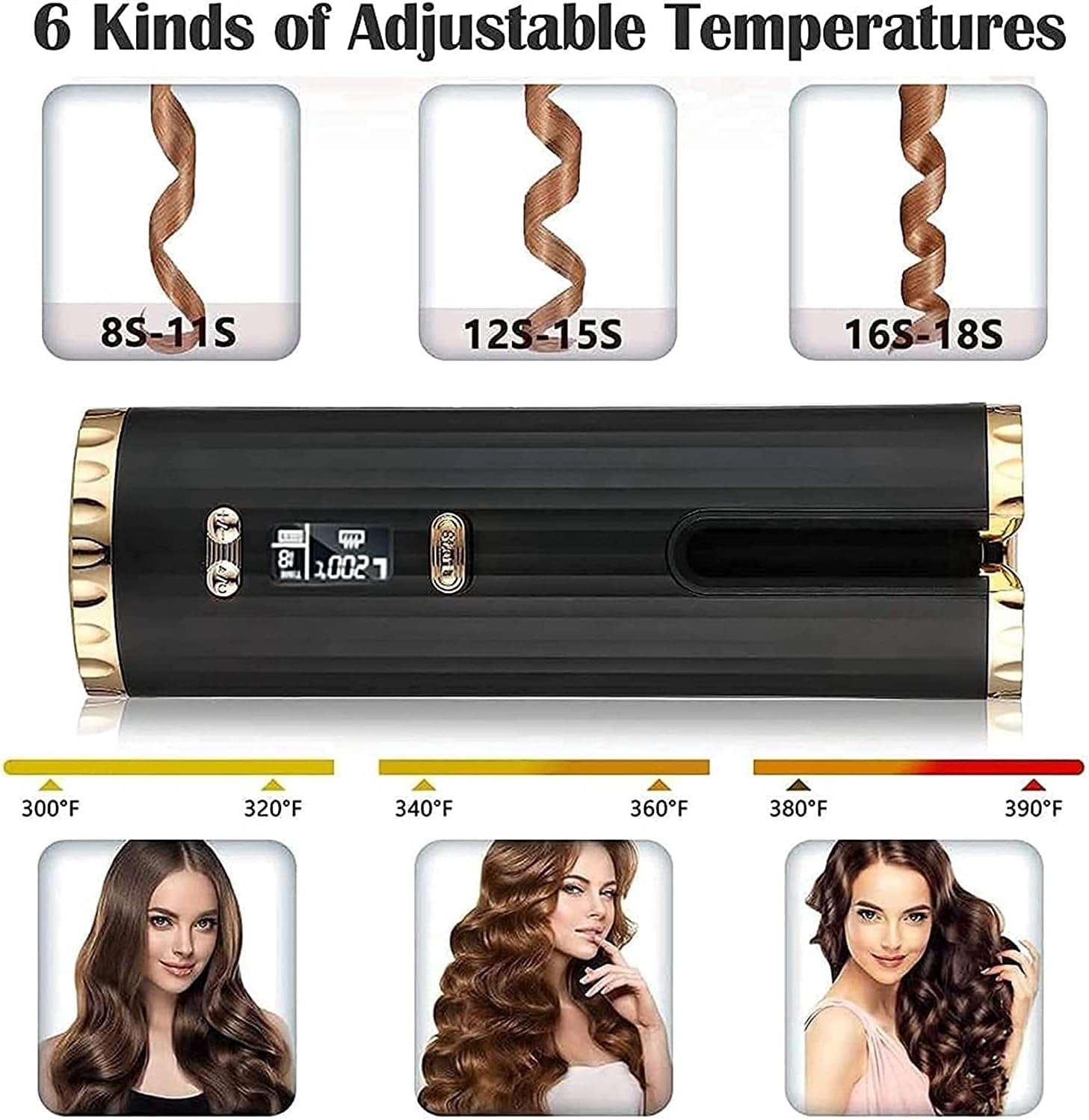 Cordless Auto Hair Curler, Automatic Curling Iron with LCD Display Adjustable Temperature & Timer, Portable Rechargeable Rotating Ceramic Barrel Curling Wand Fast Heating for Hair Styling