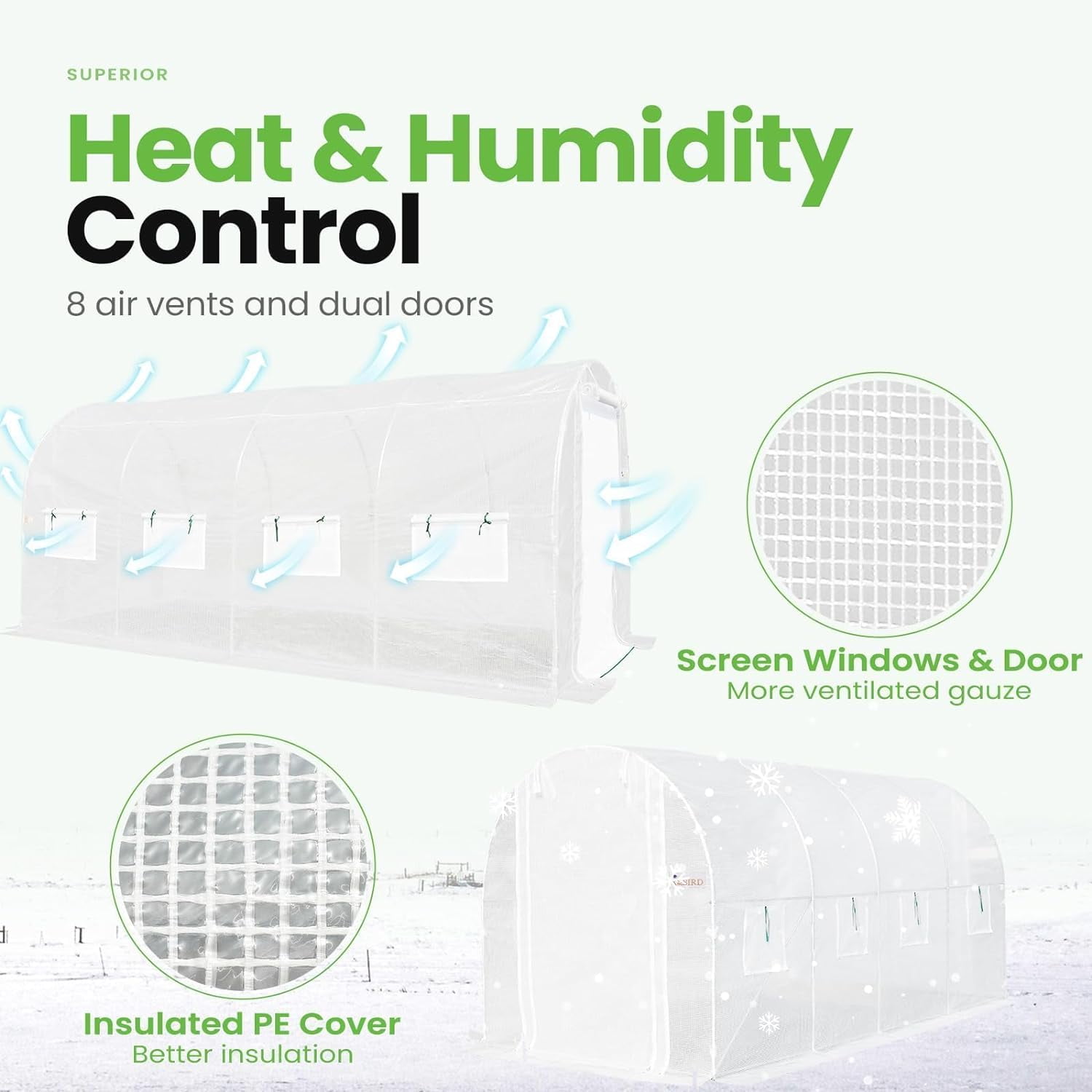 KING BIRD 15x6.6x6.6FT Large Walk-in Greenhouse Upgraded Heavy Duty Galvanized Steel Frame 2 Zippered Screen Doors 8 Screen Windows Tunnel Garden Plant Hot Green House White