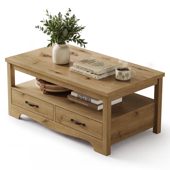 LINSY HOME Coffee Table with Storage Drawers, Wooden Farmhouse TV Stand Center Table for Living Room, Oak