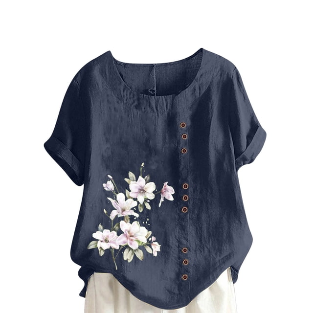 Cameland Hauts pour Femmes Col Rond Manches Courtes Imprimé Floral Chemise Ample