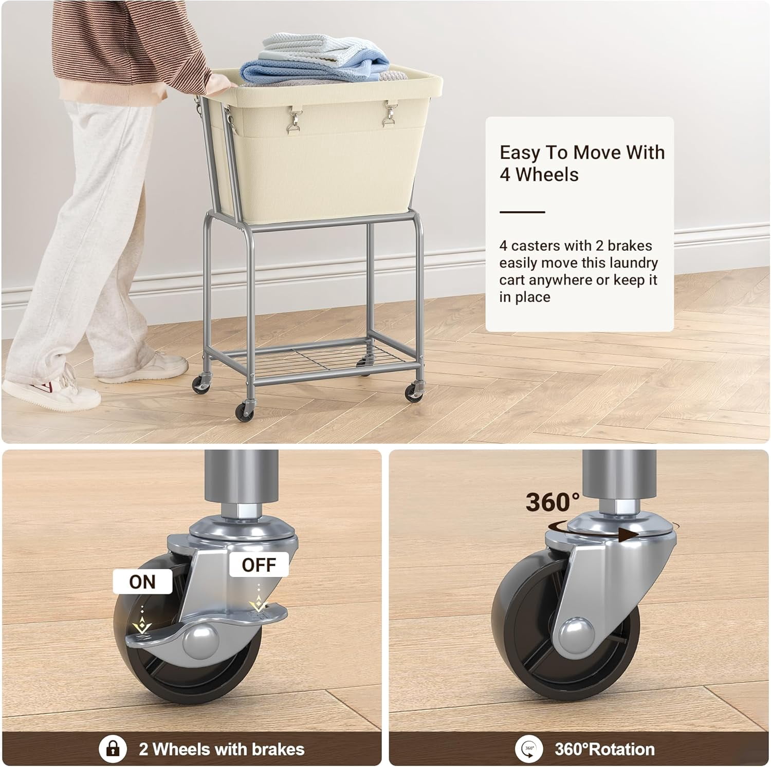 Rolling Laundry Hamper with Wheels, Laundry Cart with Removable Bag, Heavy Duty Metal Frame, 2-Tier Clothes Basket Hamper with Shelf for Closet, Bedroom, Bathroom, Laundry Room, Cream