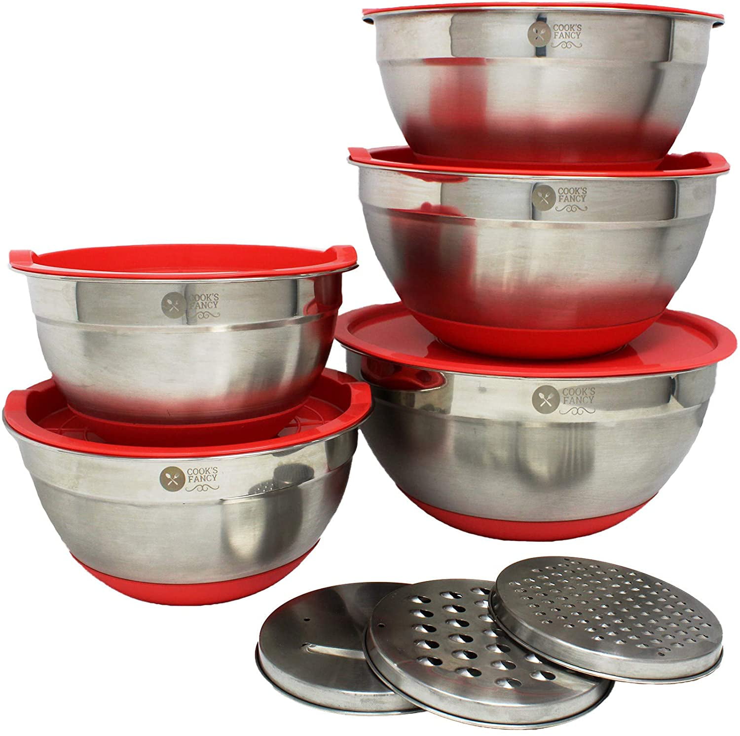 Set of 3 Non-Slip Stainless Steel Mixing Bowls with Lids Red 