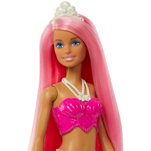 Muñeca Barbie Dreamtopia sirena cabello rosa con cola de sirena rosa y  amarilla y tiara