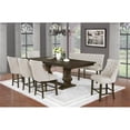 thumbnail image 2 of Maklaine Walnut Wood Dining Bench in Beige Linen Fabric & Tufted Seats, 2 of 2