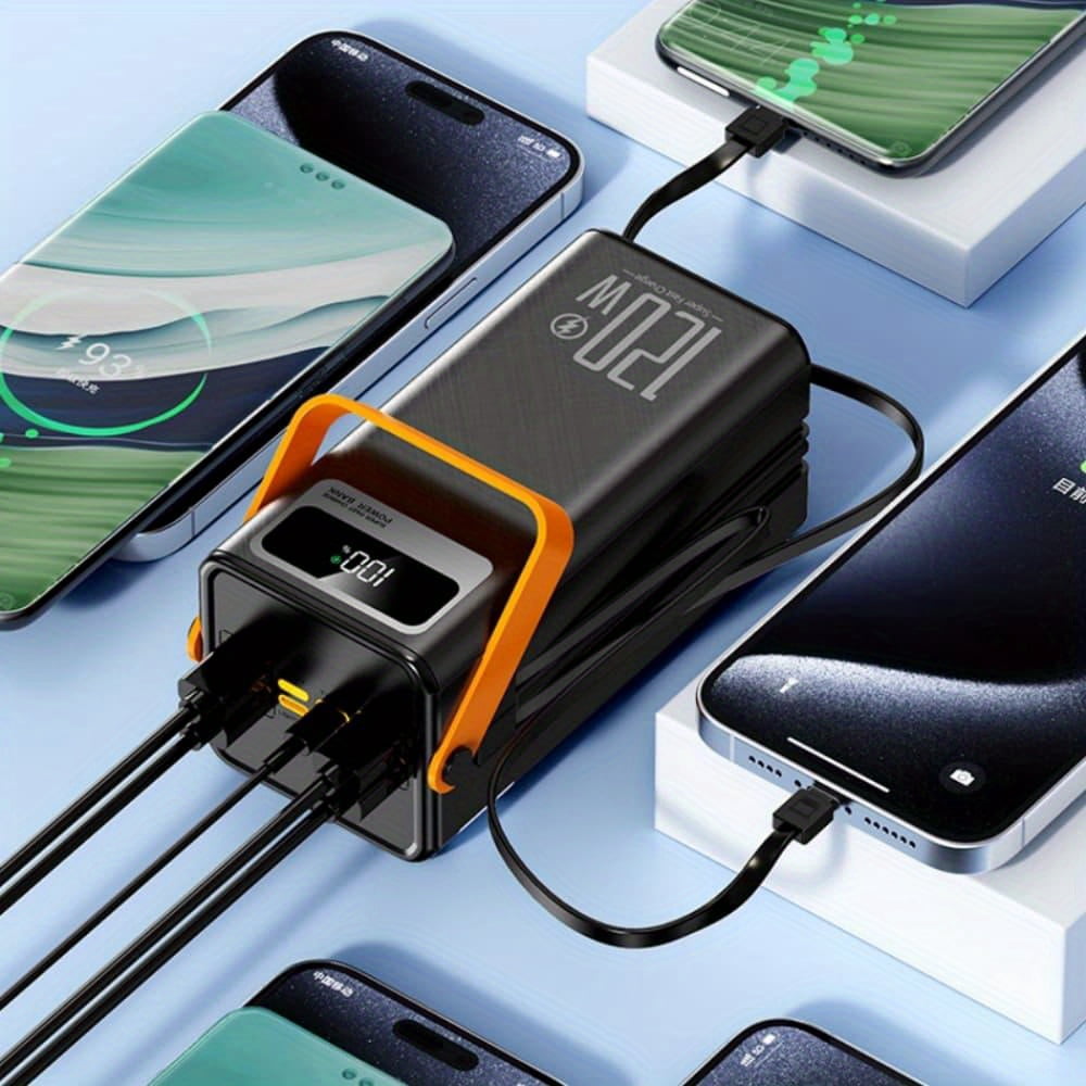 30000mAh 120W Fast Charging Power Bank with Built-in Cables & LED Light - Portable Charger for Phone, Camping, Outdoor Emergency Battery Pack