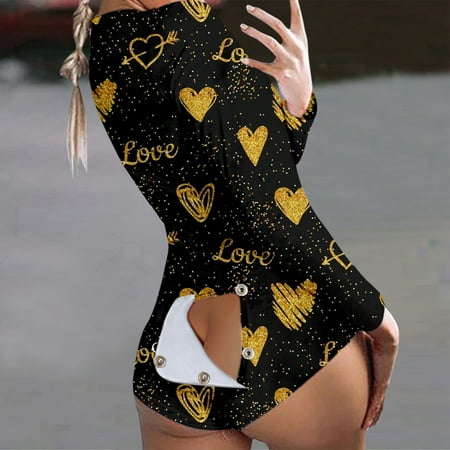 

purcolt Women s Valentine s Day Sexy V Neck One Piece Bodysuit Pajamas Butt Flap Shorts Long Sleeve Button Onesie Bodycon Rompers Jumpsuit Sleepwear Overall Nightwear