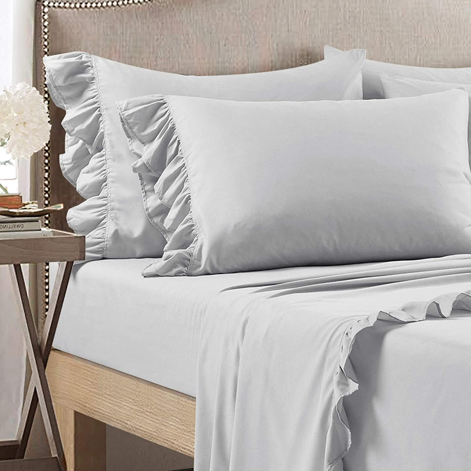 Ruffle Bed Sheet Set 6 Piece - 16 Inch Deep Pocket - 100% Pure Bamboo Bed Sheet Set - Anti Static Feels Like Silk - Super Comfy, Extra Soft and Luxury - Light Gray Solid, Twin Size.