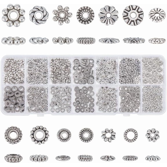 PH 480pcs Silver Spacer Beads 14 Style Jewelry Beads Metal Flower Gear Snowflake Rondelle Beads Charm Spacers Tibetan Alloy Loose Beads Kit for Bracelets Necklace Earrings Jewelry Making for DIY