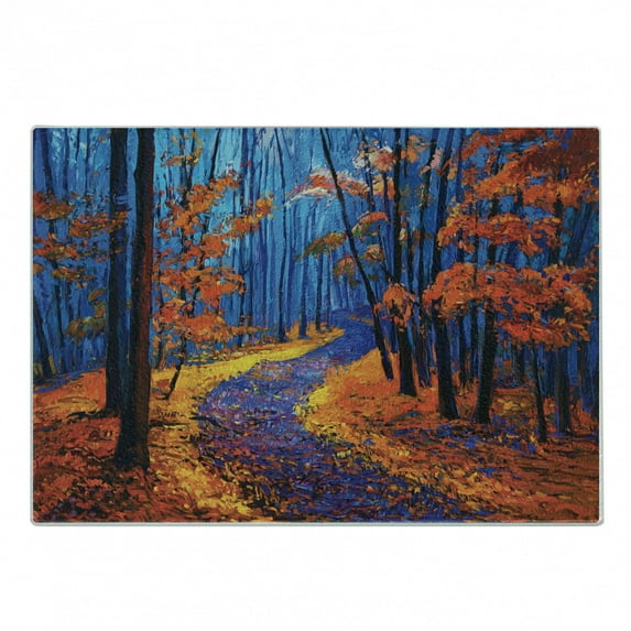 Country Cutting Board, Dark and Deep in the Forest in Fall Autumn Season Calm Nature Art Paint, Decorative Tempered Glass Cutting and Serving Board, Small Size, Orange Navy, by Ambesonne