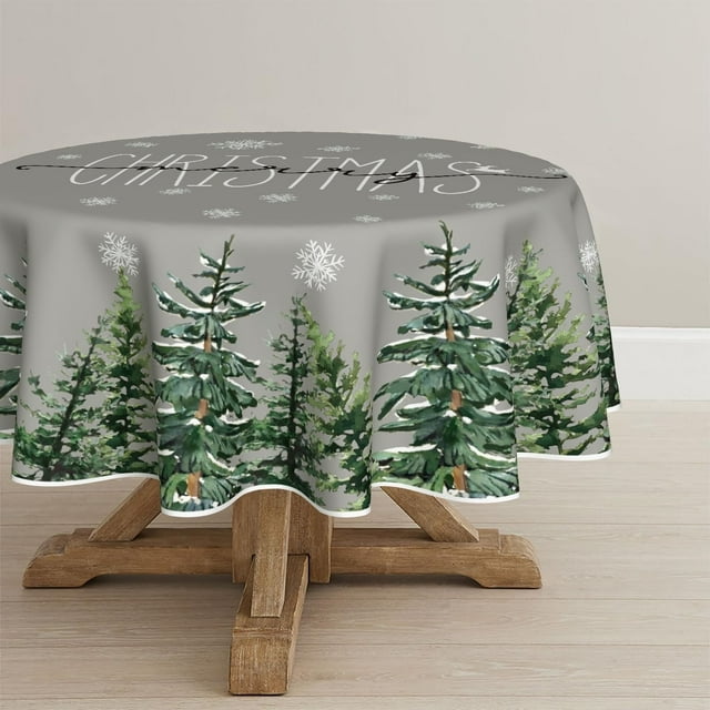 Horaldaily Christmas Tablecloth 60×60 Inch Round, Winter Snow Trees Grey Washable Table Cover for Party Picnic Dinner Decor