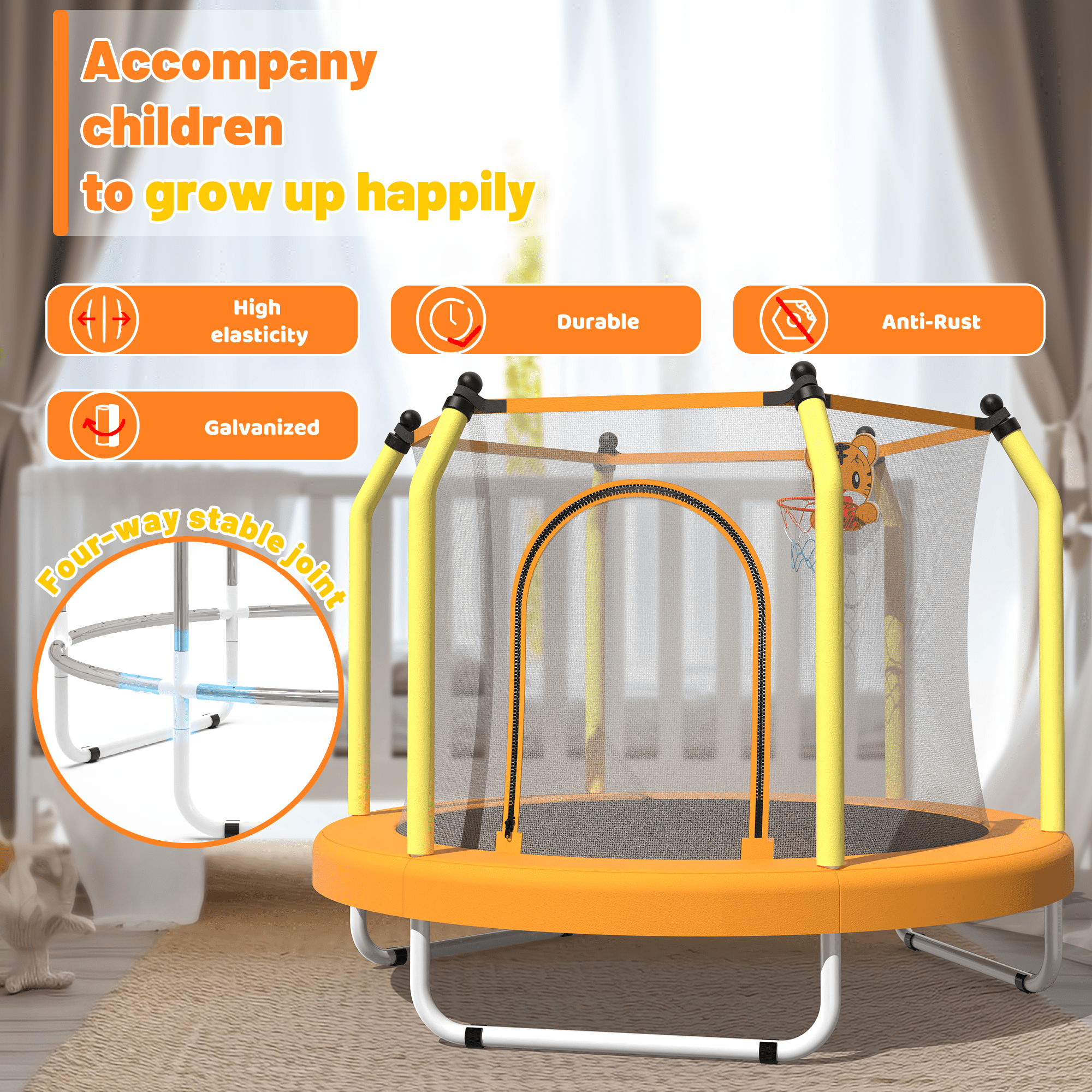 Leumius 55" Trampoline for Kids with Enclosure,Indoor & Outdoor Trampoline with Basketball Hoop for Boys & Girls,Yellow