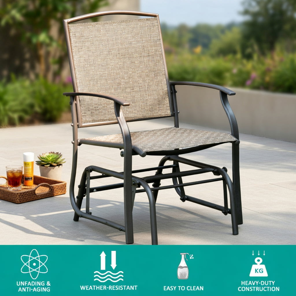 Hommoo Single Steel Frame Garden Glider Chair, Powder-Coated Wrought Iron Rocking Seating with Breathable Fabric Seat, Outdoor Patio Swing for Deck, Backyard & Balcony, Gray
