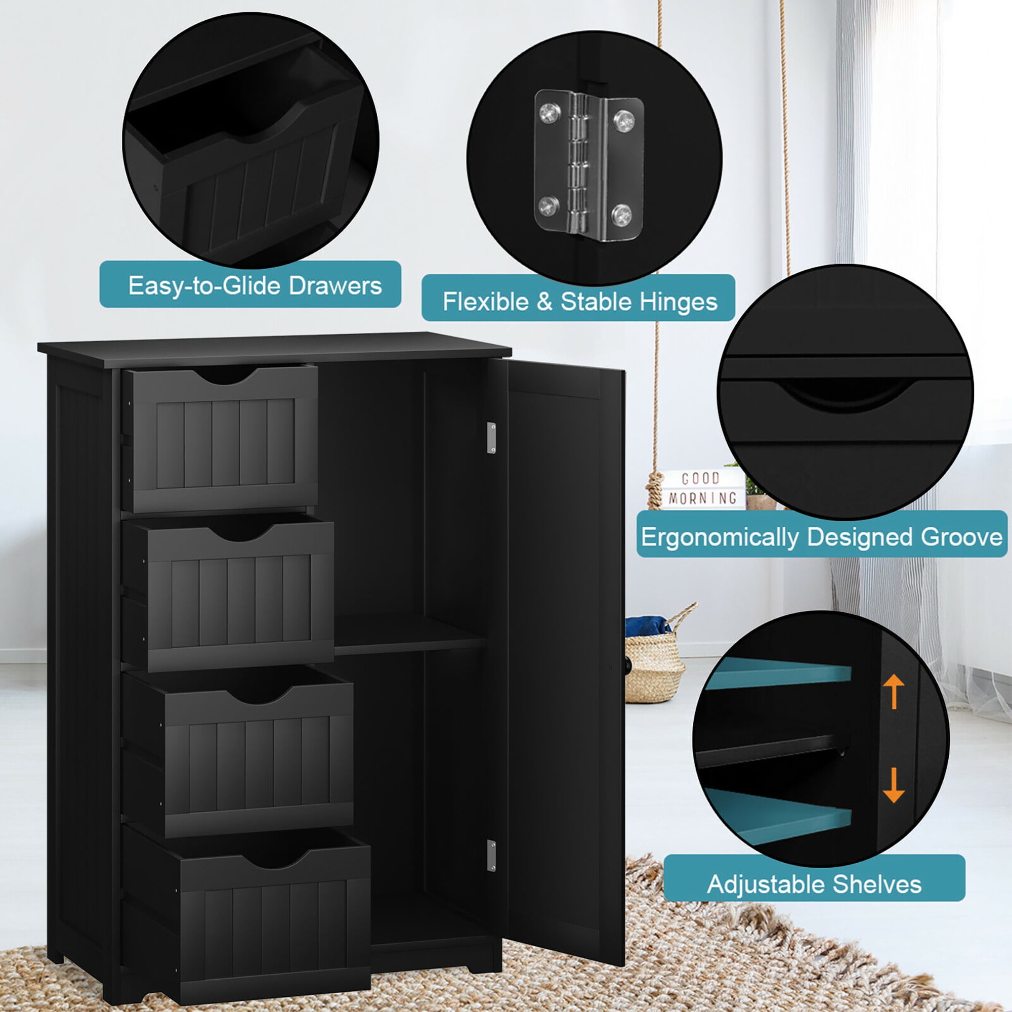Costway Bathroom Storage Wooden 4 Drawer Cabinet Cupboard 2 Shelves Free Standing Black  (图5) Costway Bathroom Storage Wooden 4 Drawer Cabinet Cupboard 2 Shelves Free Standing Black  (图5)