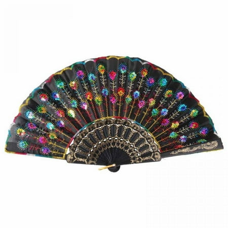 

[Big Clear!]Peacock Hand Fan Bead Fabric Decor Colored Embroidered Flower Pattern Black Cloth Folding Hand Fan