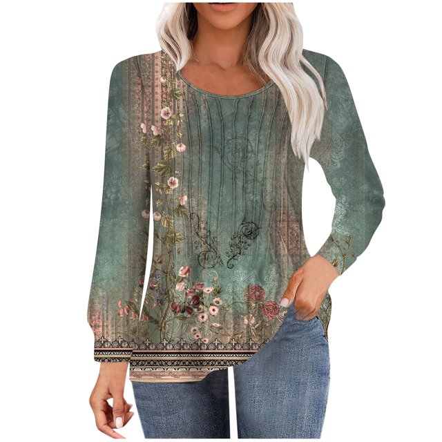 HKEJIAOI Hauts à Manches Longues pour Femmes Col Rond T-Shirts Plissés Tunique d'Affaires Blouses d'Automne Style Boho Chemises Amples S