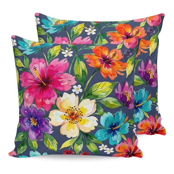Pillow Covers 24x24 Set of 2, Colorful Flowers Throw Pillow Covers Decorative Couch Cushion Cover, Spring Floral Watercolor Blue Microfiber Soft Square Pillowcases for Bedroom Living Room Sofa
