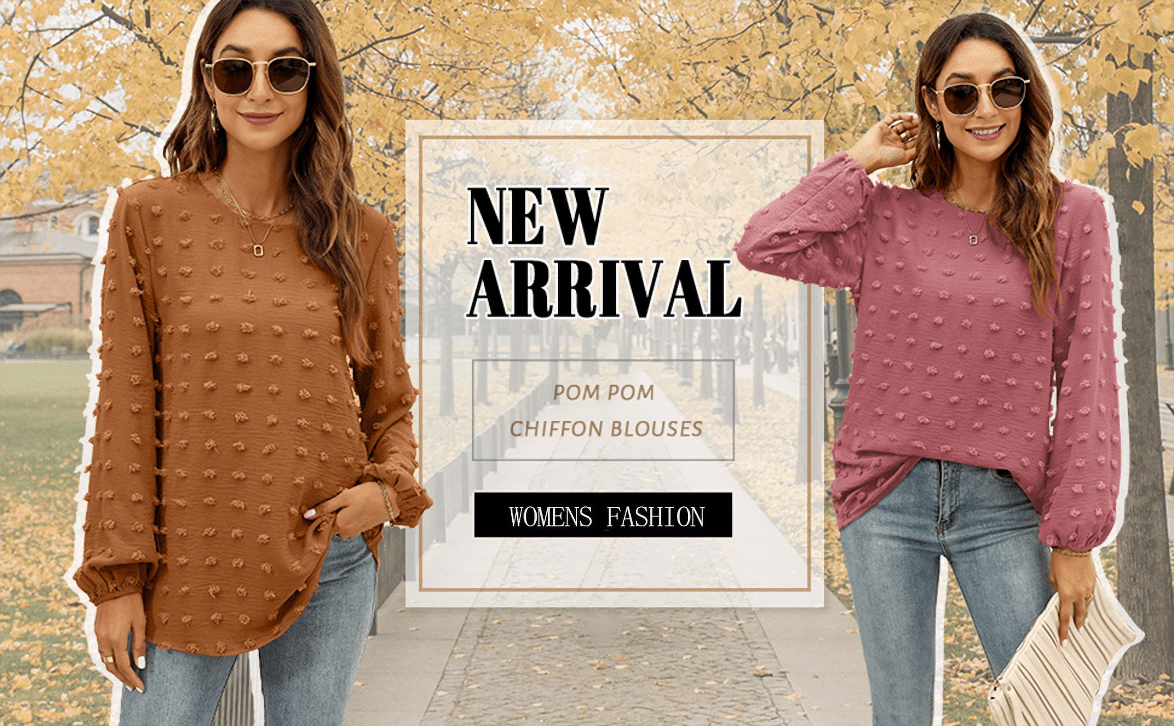 Blouses for Women Crewneck Long Sleeve Tops Chiffon Pom Pom Shirts Fall Casual