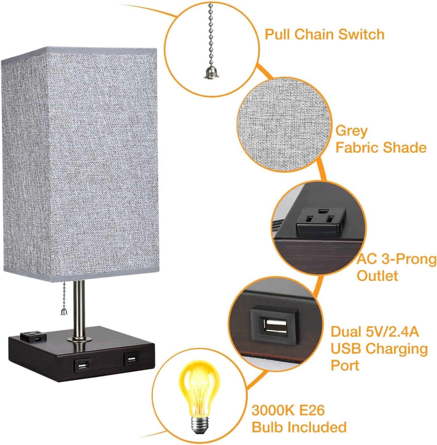 DingLiLighting Traditional Table Lamps Set of 2 Beige Linen Drum Shade Minimalist Nightstand Table Lamp for Living Room Family Bedroom Bedside, 2 USB Charging Ports 1 AC Outlets