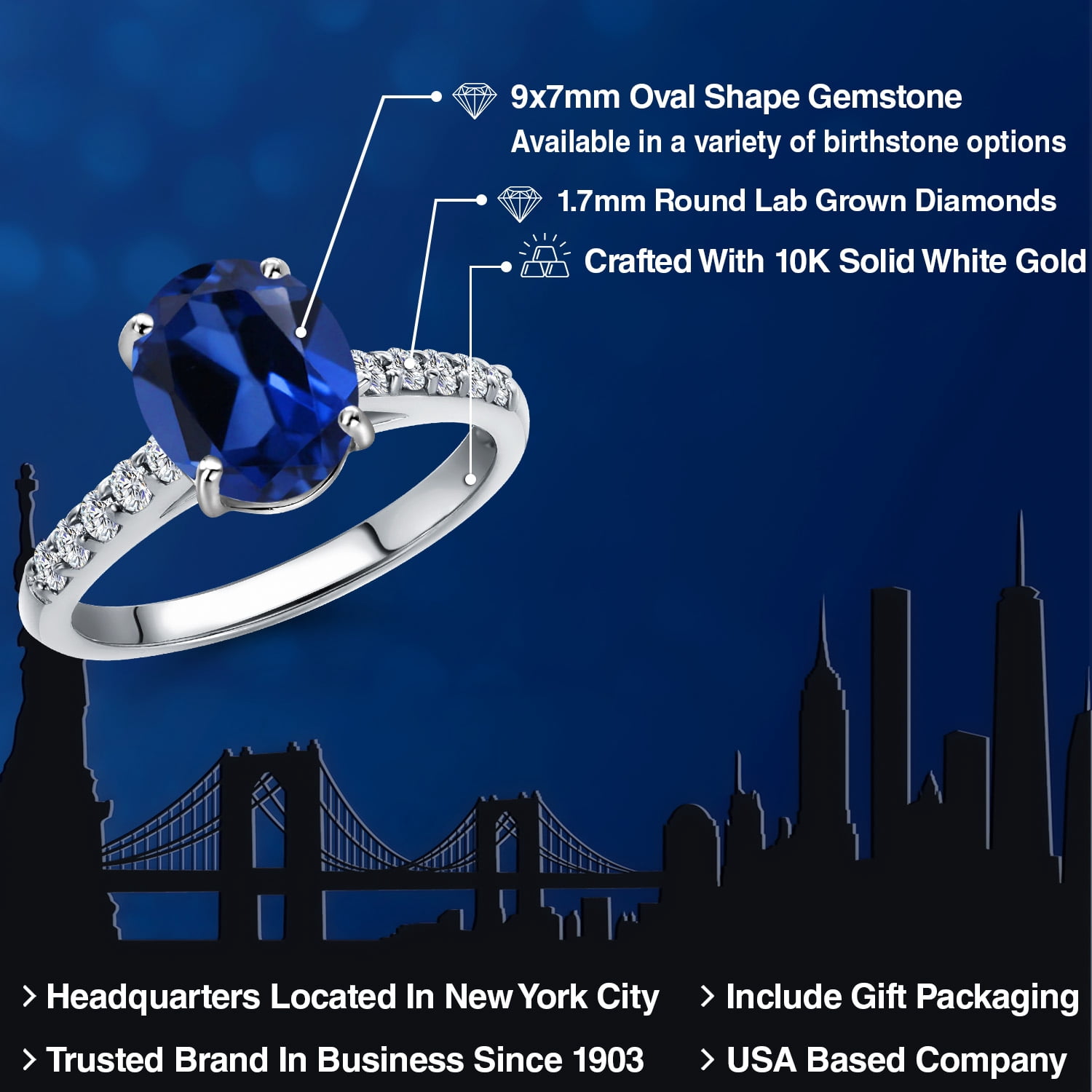 Gem Stone King 10K White Gold Blue Created Sapphire and Lab Grown Diamond Engagement Ring for Women | 2.50 Cttw | Oval 9X7MM | Gemstone September Birthstone | Size 6