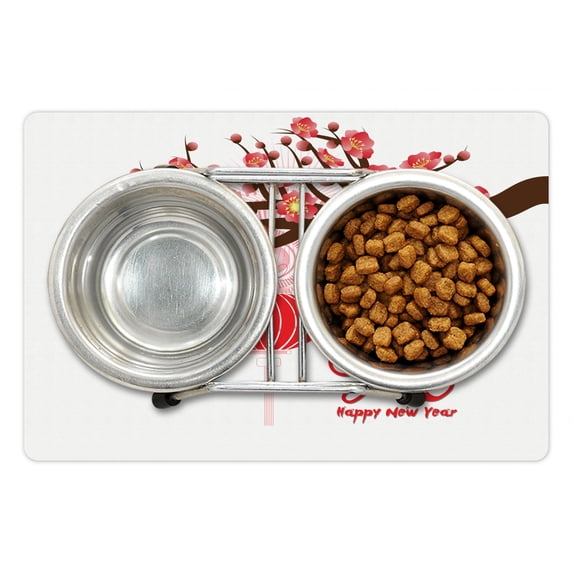 Chinese New Year Pet Mat for Food and Water, Blossoming Cherry Branch and Lantern with Happy Wish, Non-Slip Rubber Mat for Dogs and Cats, 18" X 12", by Ambesonne
