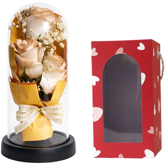 Cappuccino Soap Rose Flower Bouquets with Clear Acrylic Cover, Everlasting Scented Floral Display, Lighted Art Piece, 8.3 x 4.3 in Romantic Gift Set for Girlfriend, Anniversary, Birthday, Wedding