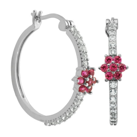 Sterling Silver Created Ruby and Created White Sapphire Hoop Earrings