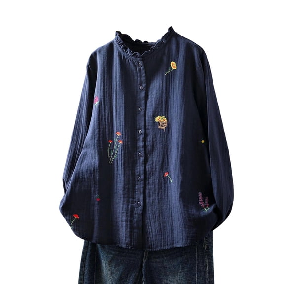 Women's Floral Embroidered Shirts Ruffle Neck Cotton Linen Blouse Button Down Casual Long Sleeve Tops