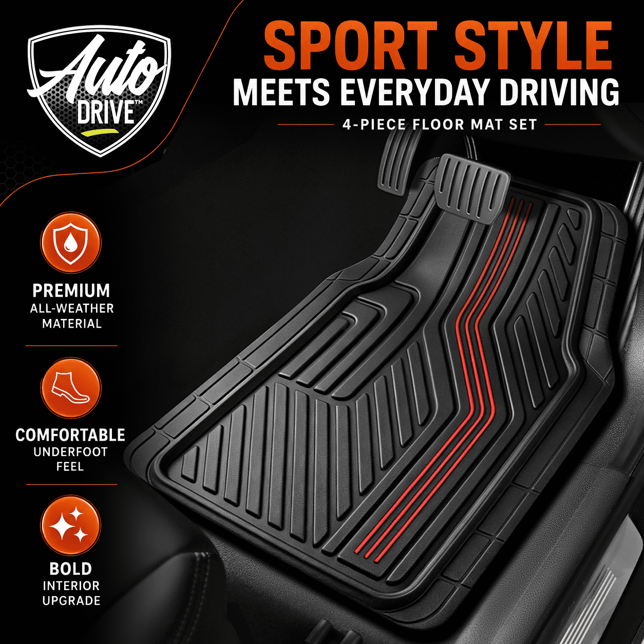 Auto Drive Automotive Floor Mats, Red, 3-Piece Rubber Set with Decorative Trim and Anti-Slip Backing