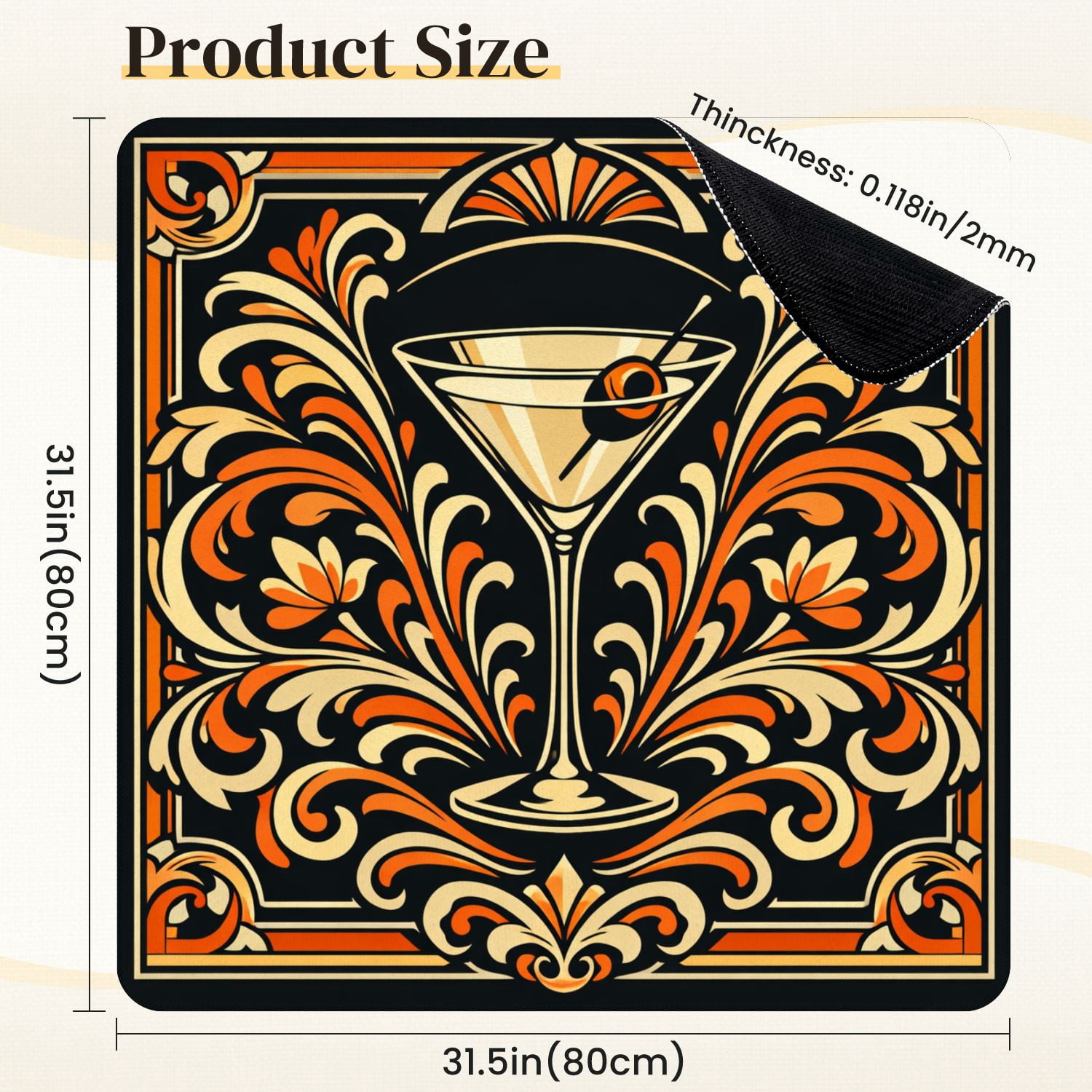 Mahjong Mat 31.5" x 31.5" Martini Glass Olive Ornate Floral Non-Slip Noise Reduction Mahjong Tiles Table Cover for Dominoes Poker Card Board and Tile Games