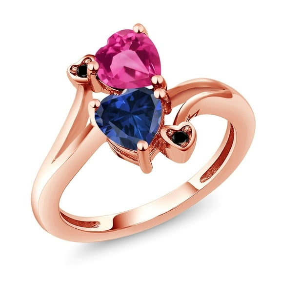 Gem Stone King 18K Rose Gold Plated Silver Pink Created Sapphire Blue Created Sapphire and Black Diamond Ring for Women (1.63 Cttw, Heart Shape 6MM, Gemstone September Birthstone, Size 6)