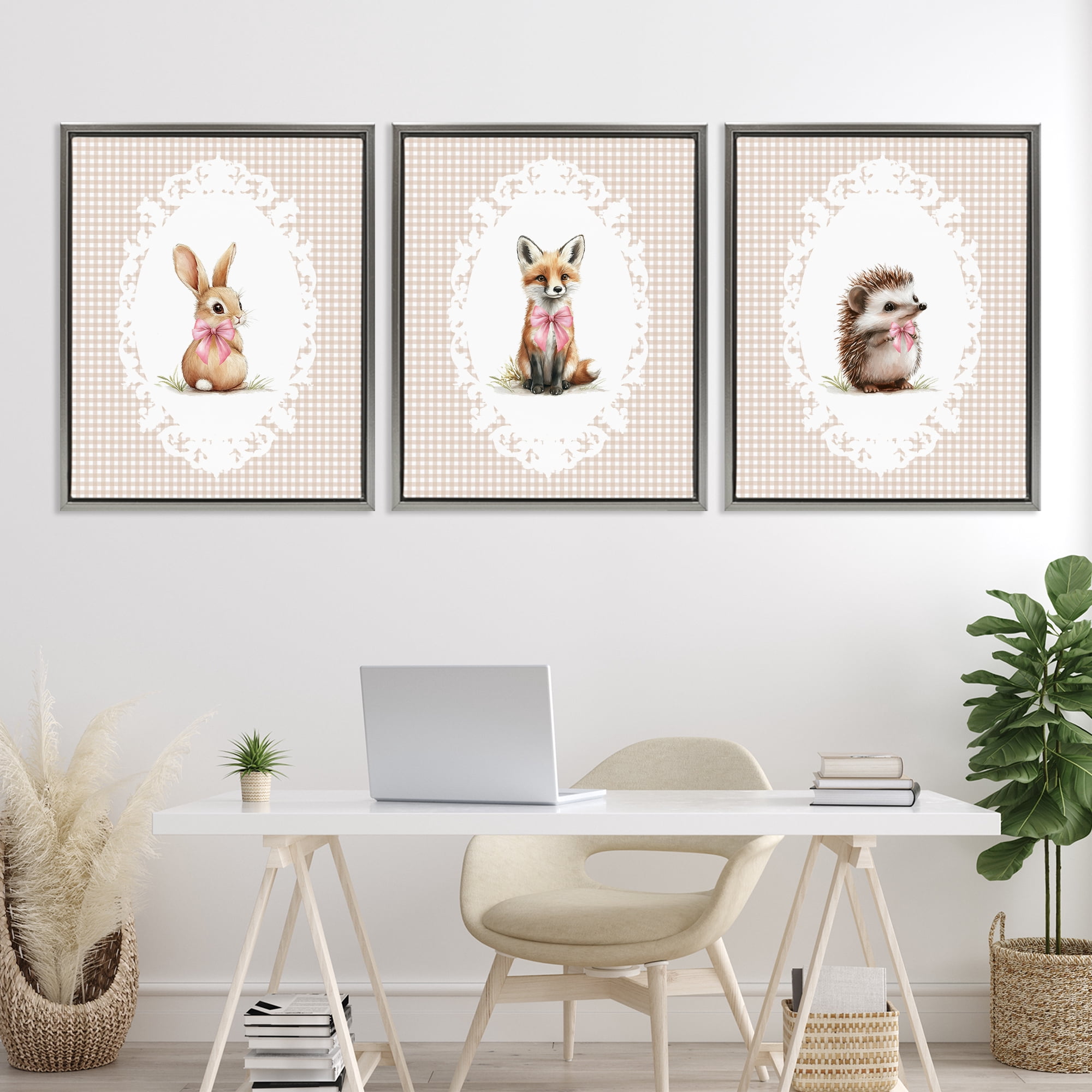 Stupell Industries Vintage Baby Bow Animals 3 Piece Gray Framed Floater Canvas Set, design by Christine Simpson Art