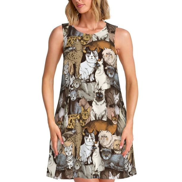 Fotbe Cut Cats Vestido de Verano sin Mangas para Mujer – Vestido Midi Línea A, Estilo Camiseta Floral, Vestido Playero Casual y Fluido