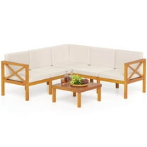 Gymax Set of 6 Acacia Wood Patio Furniture Set w/ Cushions & Coffee Table Off White