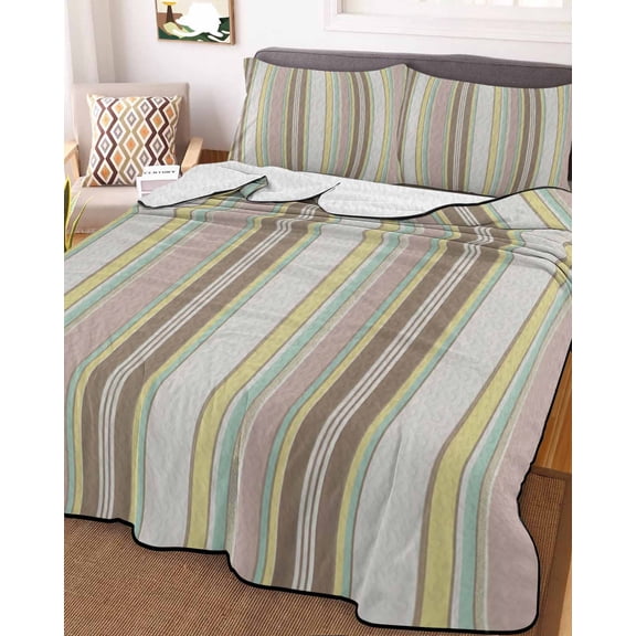Yellow Green Brown Striped King Size Down Alternative Comforter, Lightweight Comforter Quilt Bedding Set with Pillow Shams Farmhouse Modern Stripes Art All Seasons Bed Comforter Duvet Insert 96"x106"