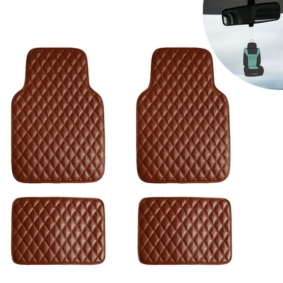 FH Group Universal Floor Mats for Cars Leather Diamond Design For Auto Brown w/ Gift
