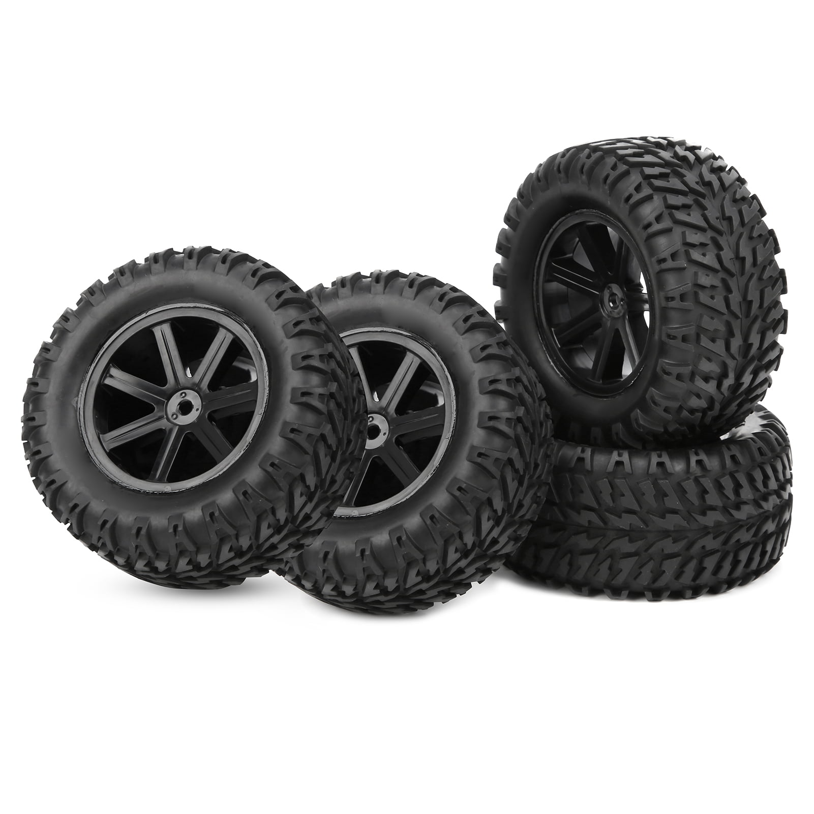 4x RC1:10 Rubber Tyres & Green Plastic Y Shape Spoke Wheel Rims fit Rock Crawler