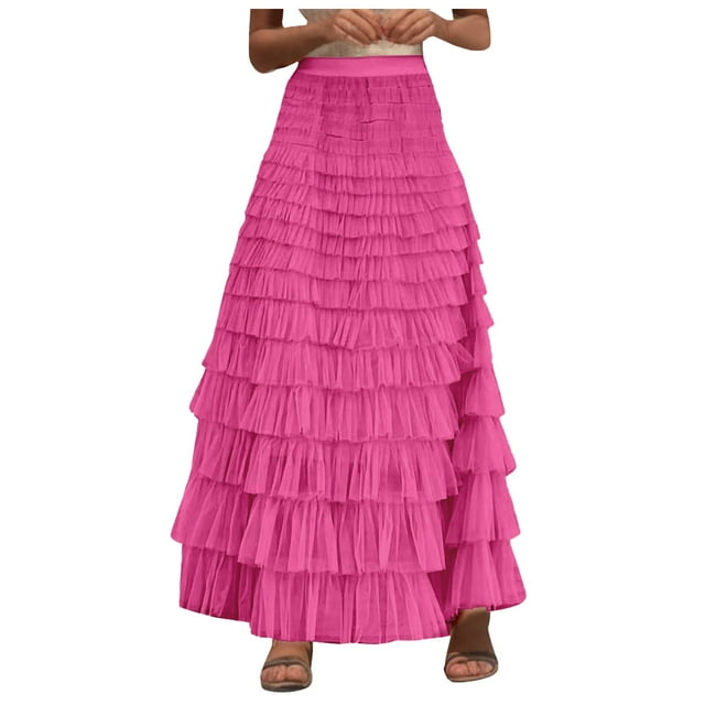 Falda de moda para mujer con vuelo - Faldilla de malla hasta la mitad de la pantorrilla, cintura elástica, poliéster - Falda informal/de fiesta de estilo dulce