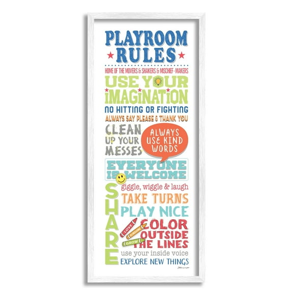 Stupell Industries Playroom Rules Colorful Typography White Blue Green and Red Graphic Art White Framed Art Print Wall Art, 10x24, by Stephanie Workman Marrott