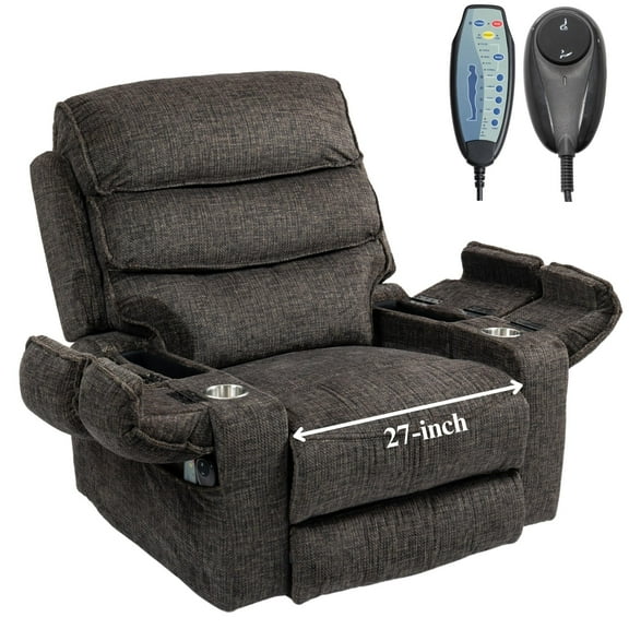 Oversized Recliner Chair 27-inch Wide Seat with Extended Footrest - Power Lift Chair for Elderly with Heat Massage - Flip Arm Storage Cup Holders 350 lbs