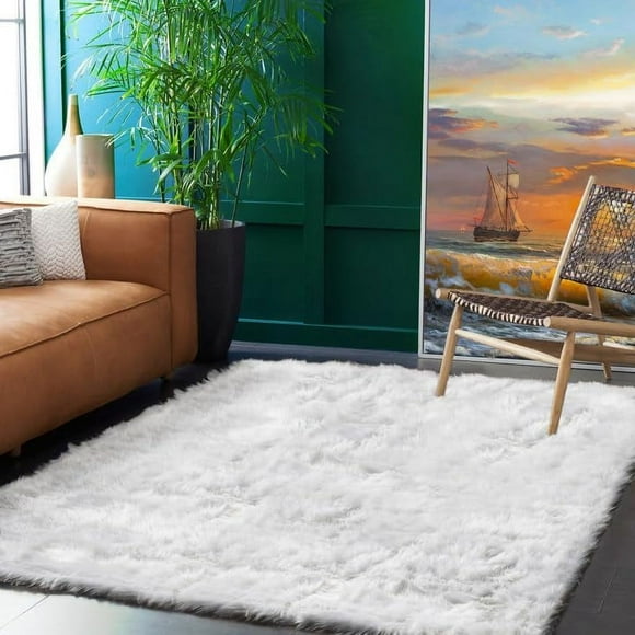 LAICAIW White Rugs for Bedroom 5x8 Area Rug Faux Fur Rug Fluffy Washable Large Sheepskin Throw Rug for Living Room Bedside Rug Fluffy Carpet Soft Rug Home Decor, Rectangle