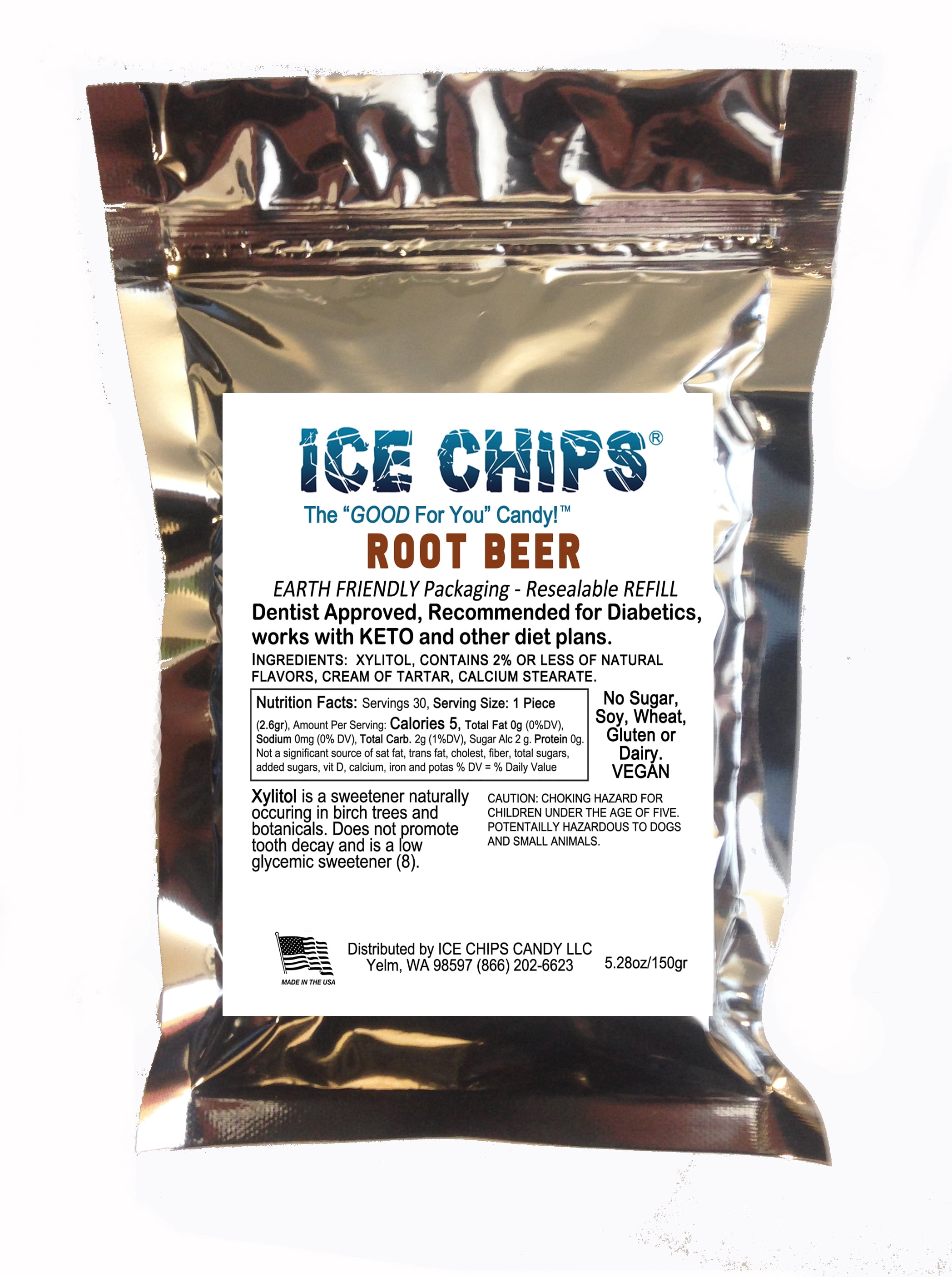 ICE CHIPS Xylitol Candy in Large 5.28 oz Resealable Pouch; Low Carb