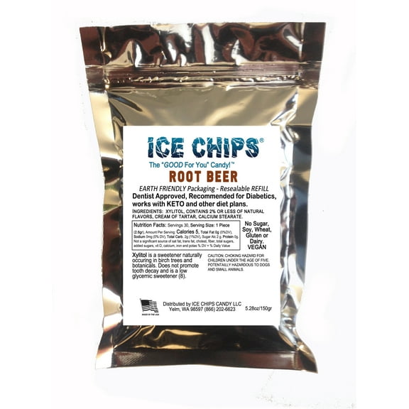 ICE CHIPS Xylitol Candy in Large 5.28 oz Resealable Pouch; Low Carb & Gluten Free (Root Beer)