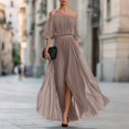 thumbnail image 2 of Women's Off The Shoulder Maxi Dress, Sexy Pleated Chiffon Evening Gown with High Slit, Elegant Puff Sleeve Formal Party Dress, 2 of 4