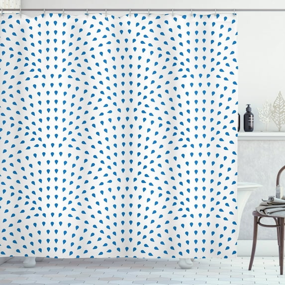 Fish Scale Shower Curtain, Small Blue Rain Water Drops on a White Background Abstract Wavy Pattern, Fabric Bathroom Set with Hooks, 69W X 75L Inches Long, Navy Blue and White, by Ambesonne